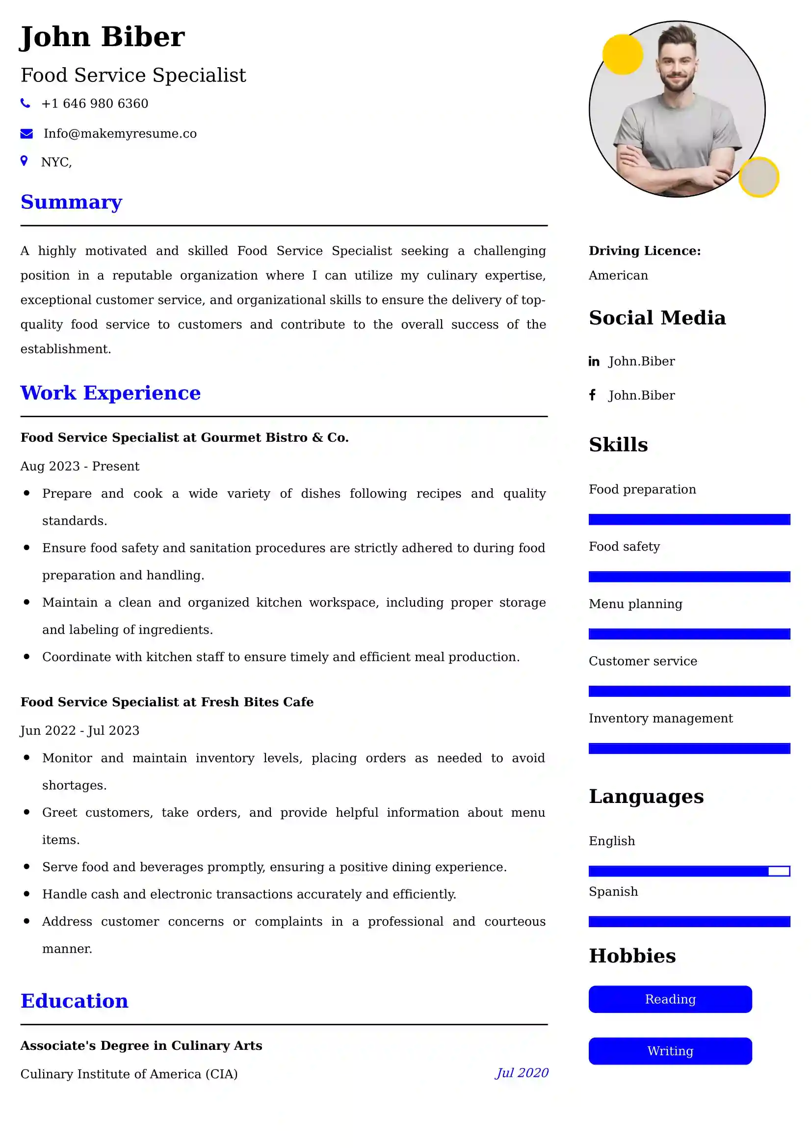 Food Service Specialist CV Examples Malaysia
