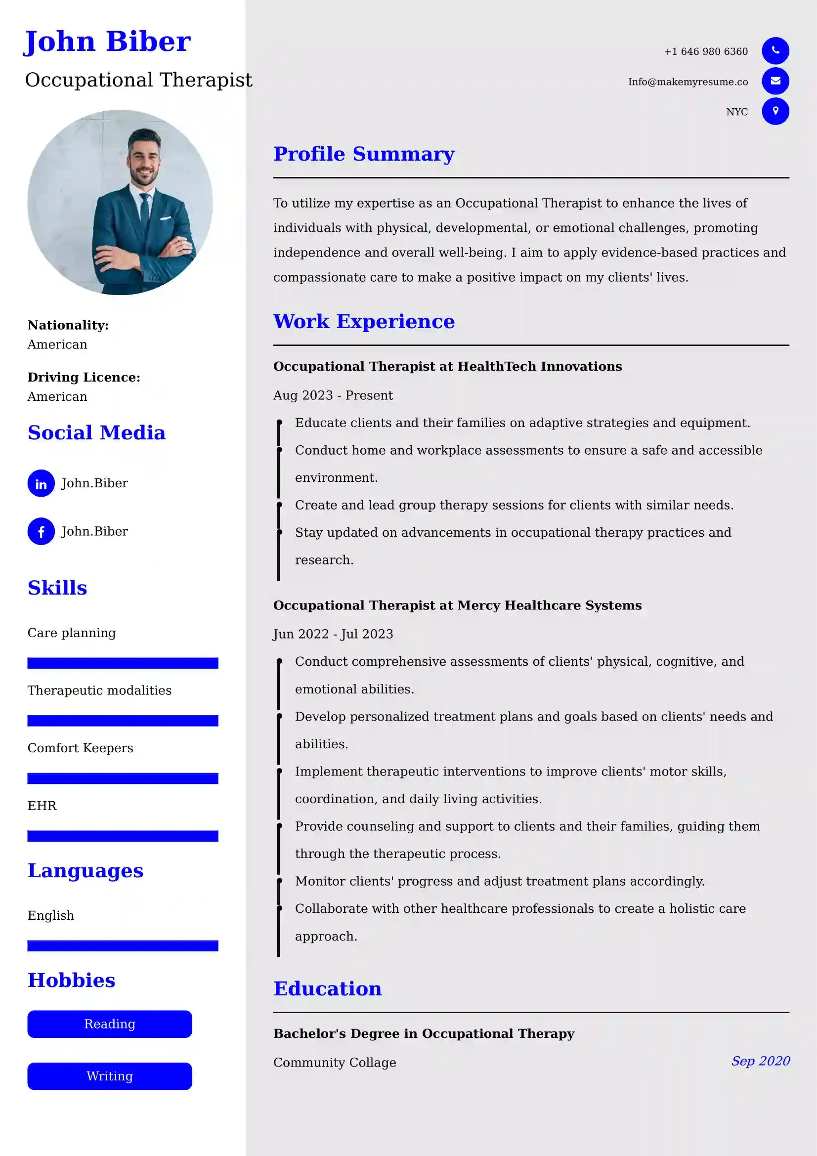 Occupational Therapist CV Sample Malaysia