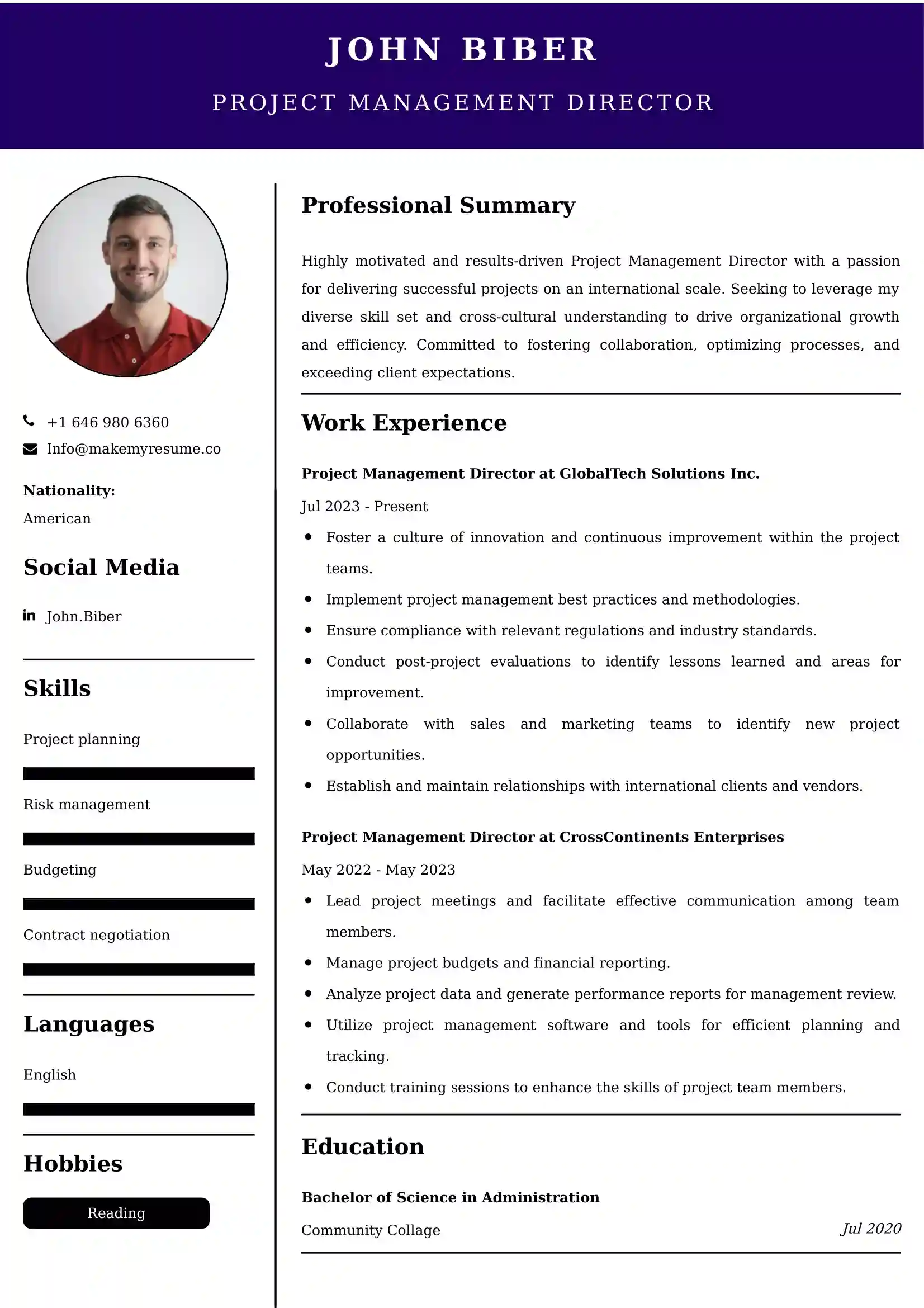 Global Project Manager CV Examples Malaysia