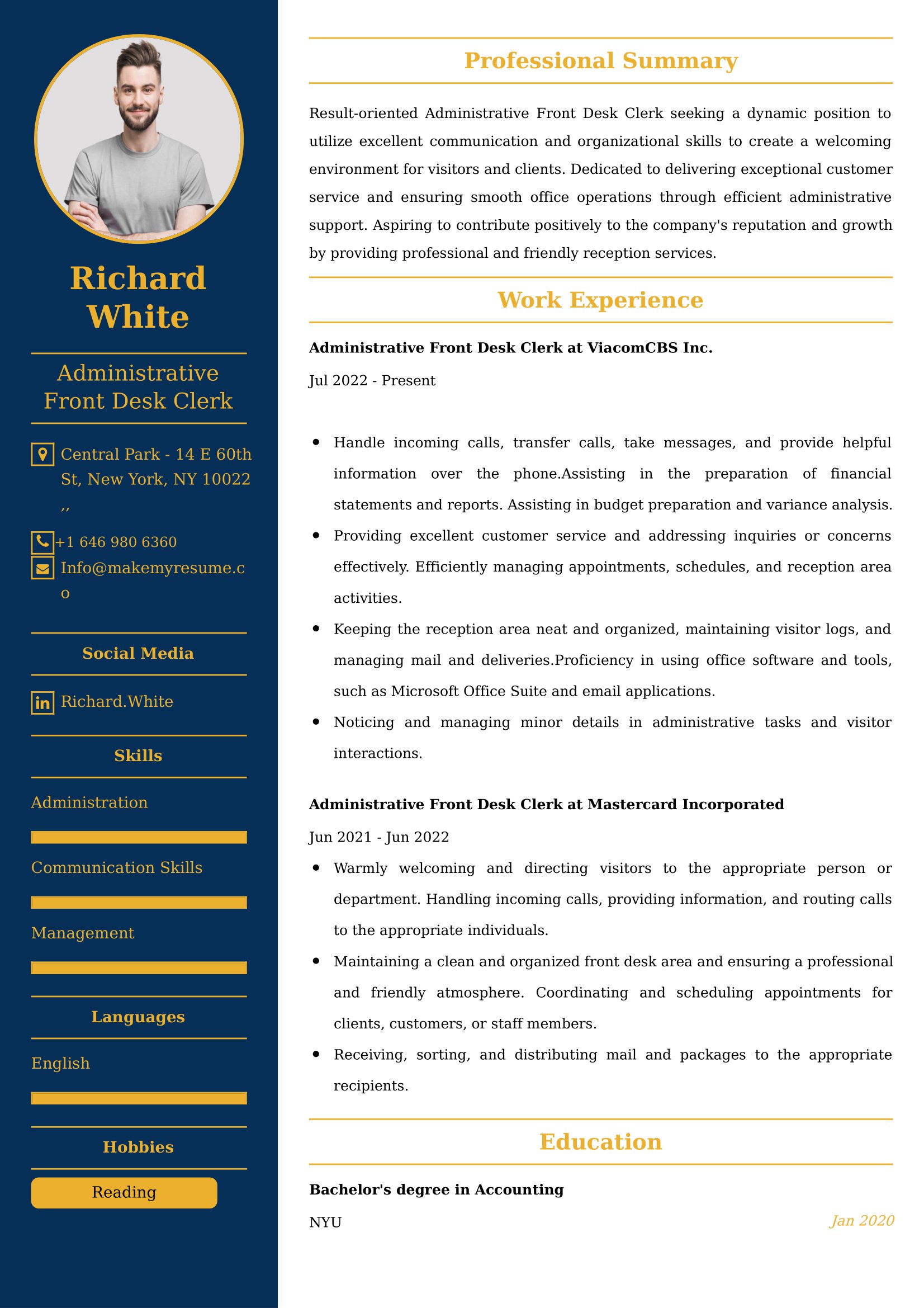 Administrative Front Desk Clerk CV Examples Malaysia