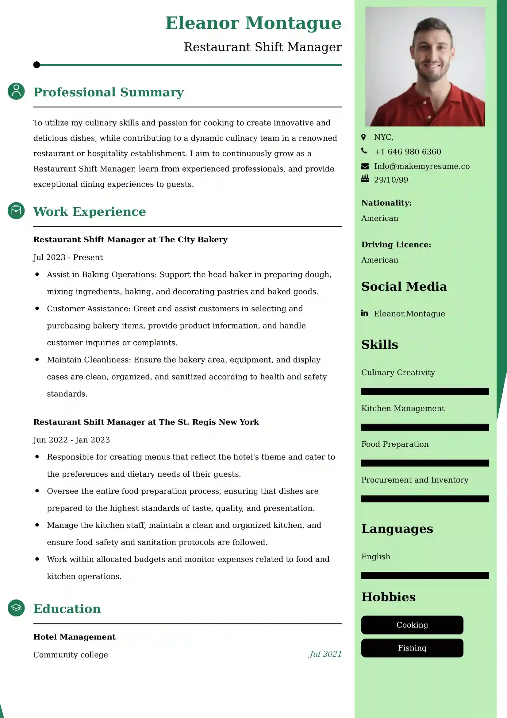 Restaurant Shift Manager CV Examples Malaysia
