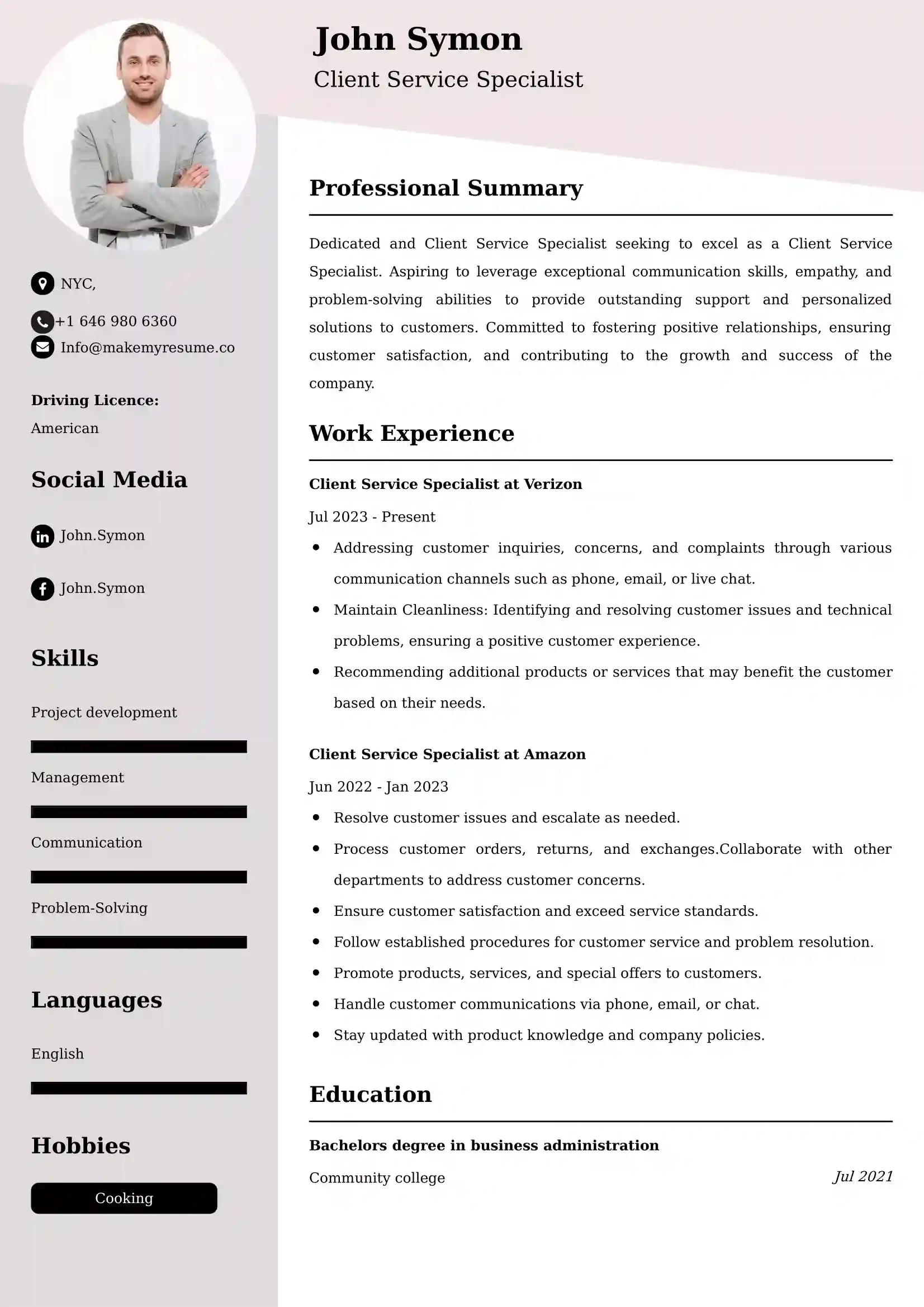 Client Service Specialist CV Examples Malaysia