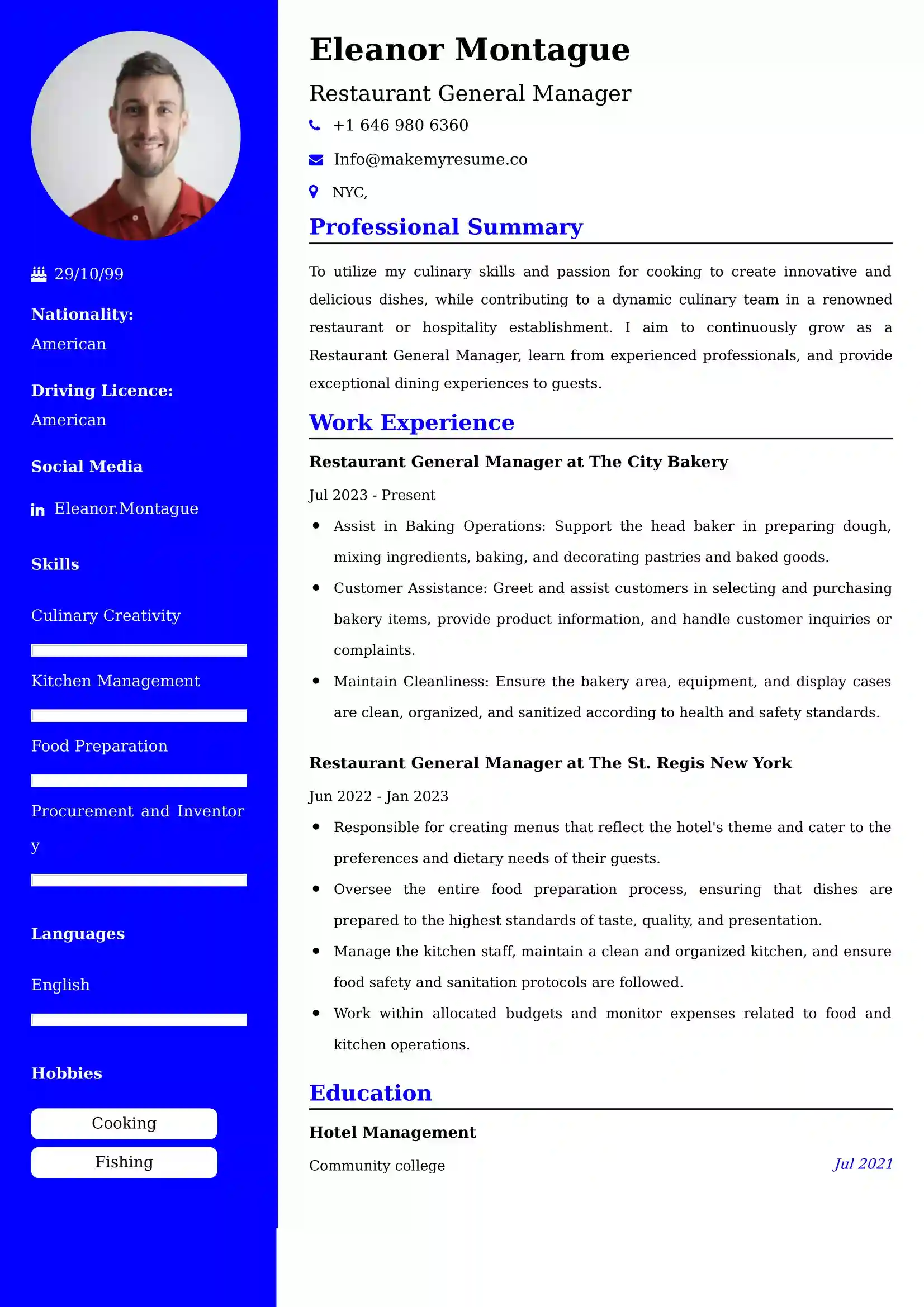 Restaurant General Manager CV Examples Malaysia