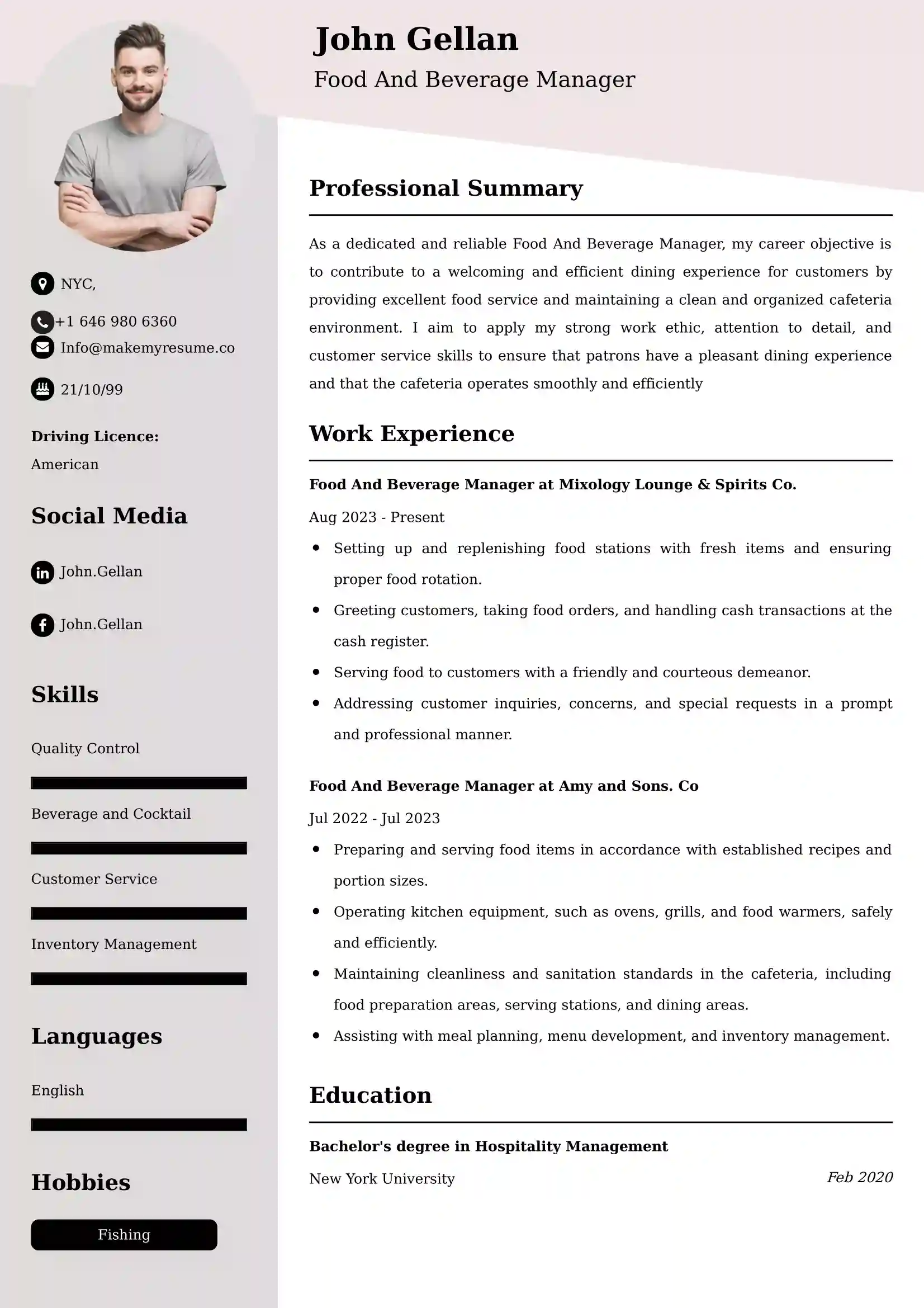 Food And Beverage Manager CV Examples Malaysia