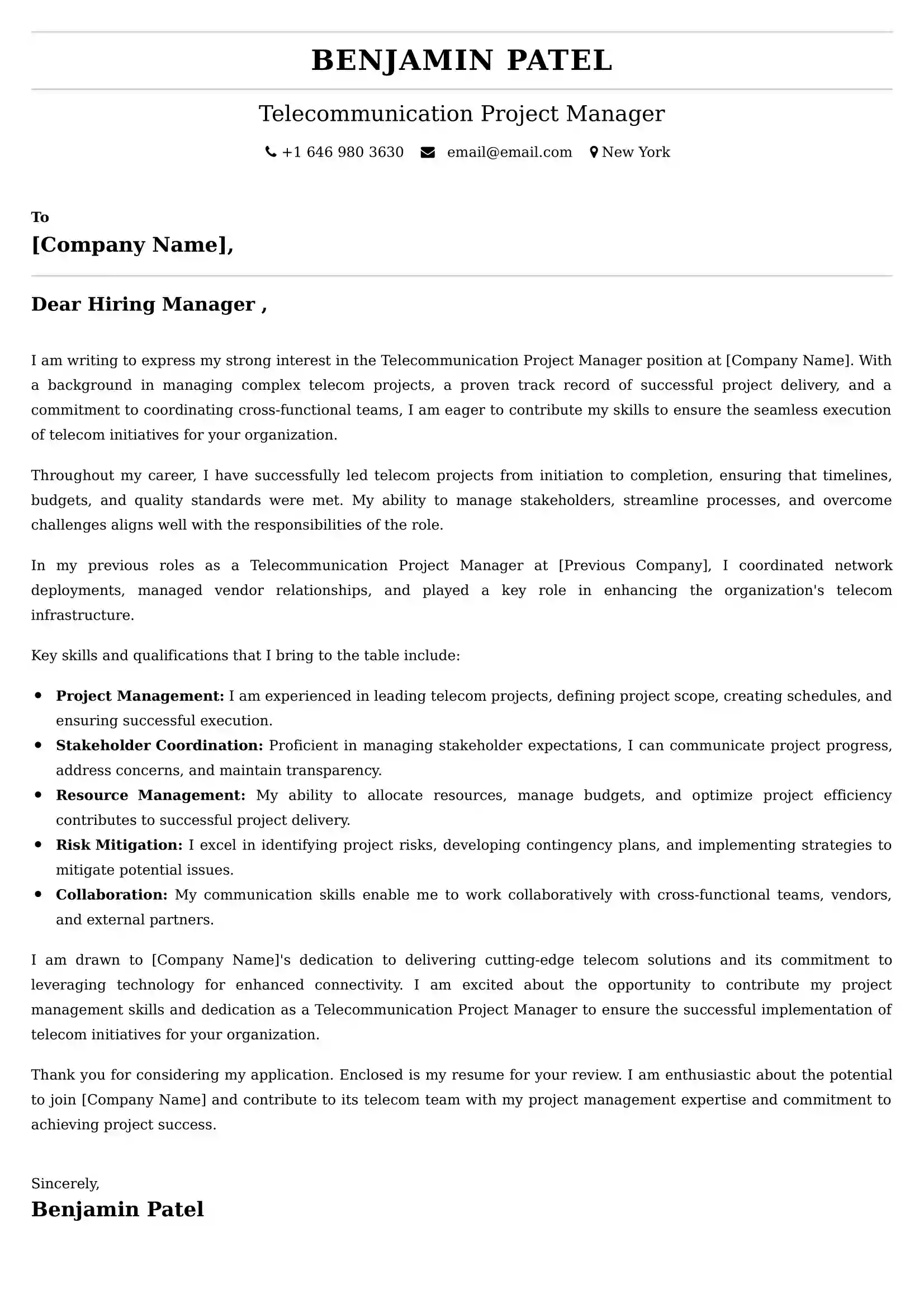 Telecommunication Project Manager Cover Letter Samples Malaysia
