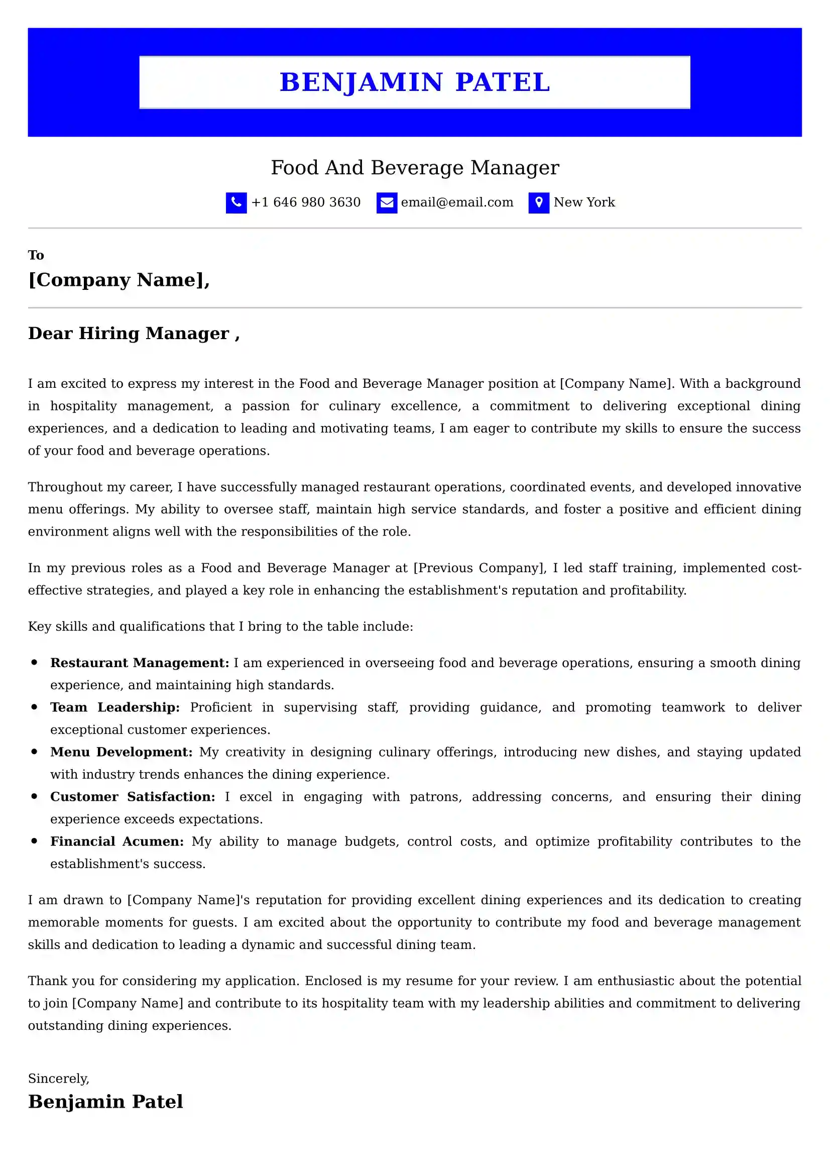 Food And Beverage Manager Cover Letter Samples Malaysia